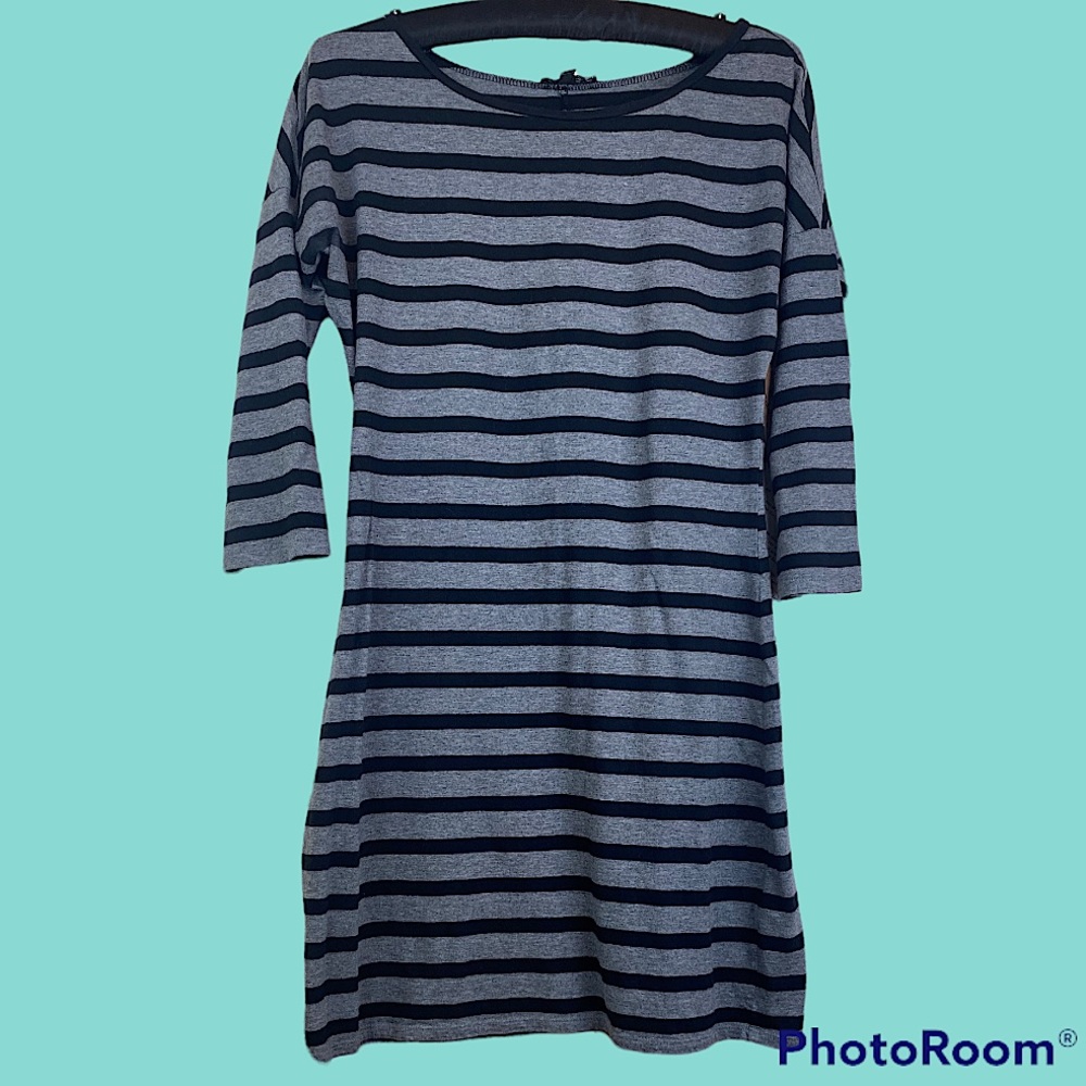 Express Black and Grey Striped Crew Neck Long Sleeve Dress Size M